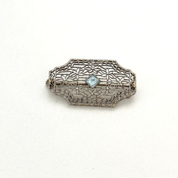 Antique 14K Solid White Gold Aquamarine Intricate Floral Detail Bar Brooch Pin - Picture 9 of 10